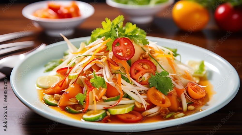 Thai papaya salad on a white plate Generate AI Thai papaya salad on a white plate Generate AI