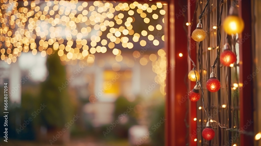 Close up of  fairy light bulbs in the decoration of the Christmas and new year celebration yard on blurred shiny home backyard background, winter holiday season outdoor background, with copy space.