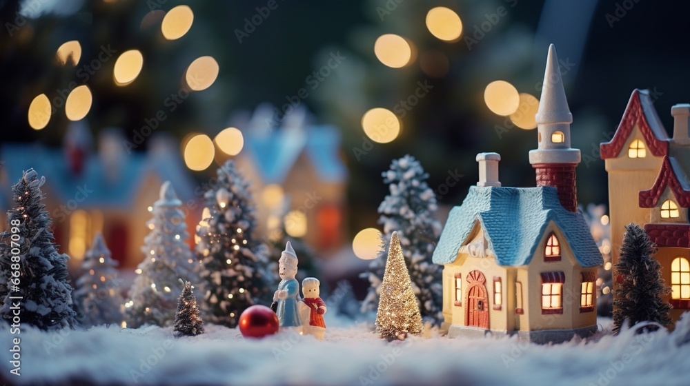 Amazing fairy house,little toy Christmas houses with a burning light inside is on blured green background. - obrazy, fototapety, plakaty 