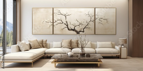 Interior of modern living room with beige sofa, large floor to ceiling windows and Traditional Japanese golden decoration painting frames. © JW Studio