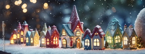 Miniature wooden houses on the snow over blurred Christmas decoration background, toned, postcard concept