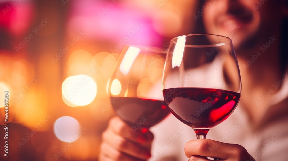 Clinking glasses of red wine, blurred people on pink shiny background. - obrazy, fototapety, plakaty 