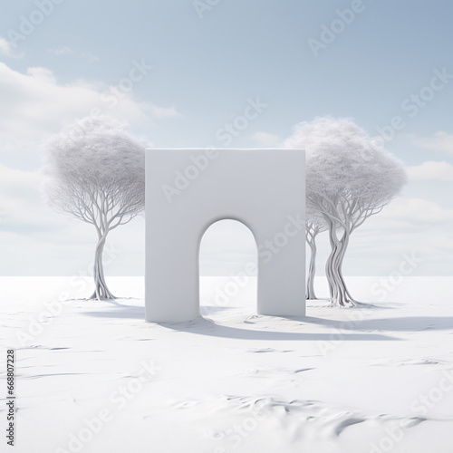 a winter arch with two completely snow covered trees on flat horizon in daytime