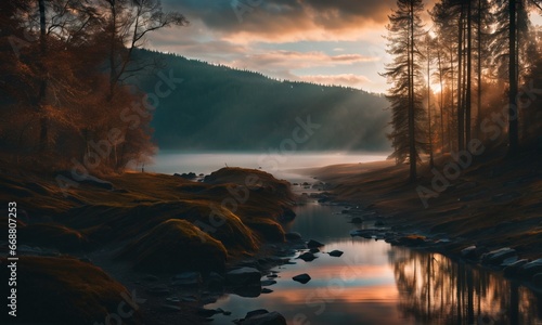 Foggy morning on a mountain lake