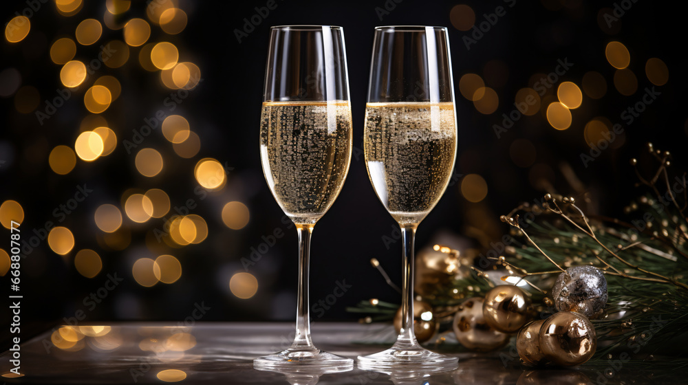 2 glasses of champagne on elegant table with blurred gold color bokeh background on New Year/Christmas celebration day 2 glasses of champagne on elegant table with blurred gold color bokeh background on New Year/Christmas celebration day