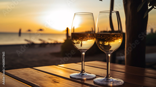 2 glasses of champagne on a wooden table on the beach with the sea in the background on a beautiful sunset New Year Christmas holiday celebration