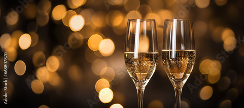 2 champagne glasses with blurred gold color bokeh background on New Year Christmas celebration day