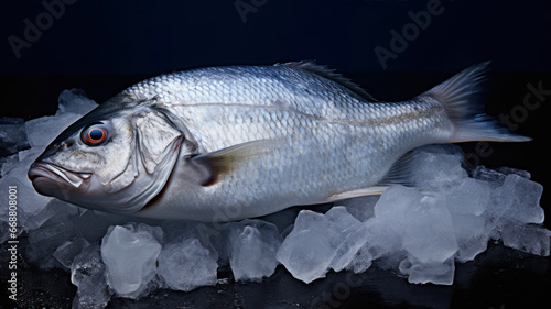 Fresh raw sea bream fish with ice cubes on black background.