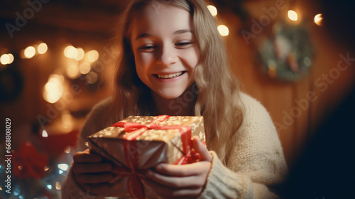 happy girl about to open a gift on christmas day