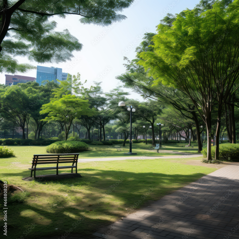 Urban green recreation area, park in the city, shady paths with benches Urban green recreation area, park in the city, shady paths with benches