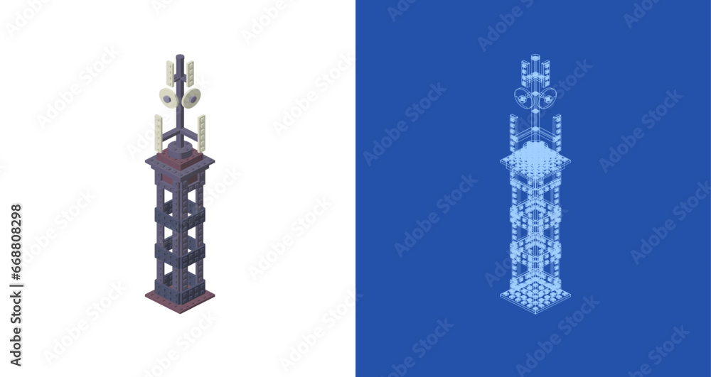 Concept with mobile phone tower in isometric style for print and decoration. Vector illustration.