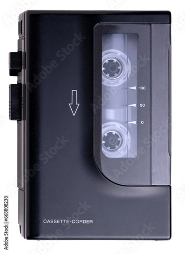 A side view of a vintage tape cassette recorder and player