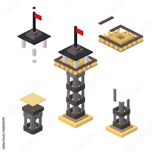 Concept with an observation tower in isometric style for printing and design.Vector illustration.
