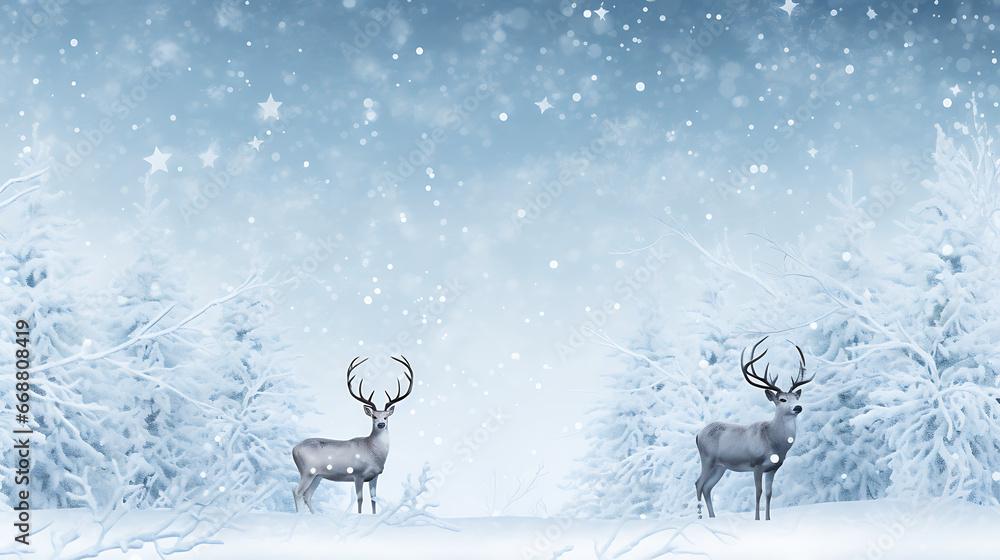 reindeers in winter panoramic with snow-covered fir branches and snowfall flakes, Christmas banner background reindeers in winter panoramic with snow-covered fir branches and snowfall flakes, Christmas banner background
