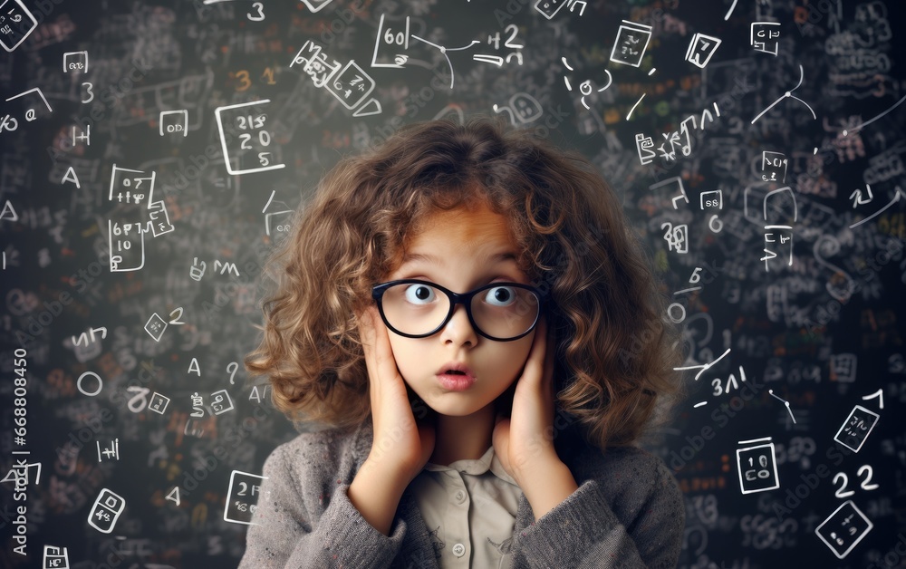 A Student child. A funny schoolgirl surrounded by numbers, equations, and math operations A Student child. A funny schoolgirl surrounded by numbers, equations, and math operations