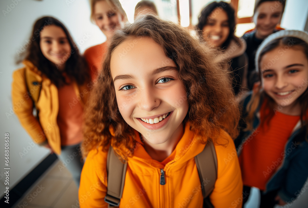 Fototapeta premium Retrato de una colegiala sonriente mirando la cámara con sus compañeros en segundo plano