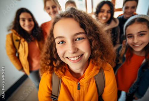 Retrato de una colegiala sonriente mirando la cámara con sus compañeros en segundo plano © Janire Fernández