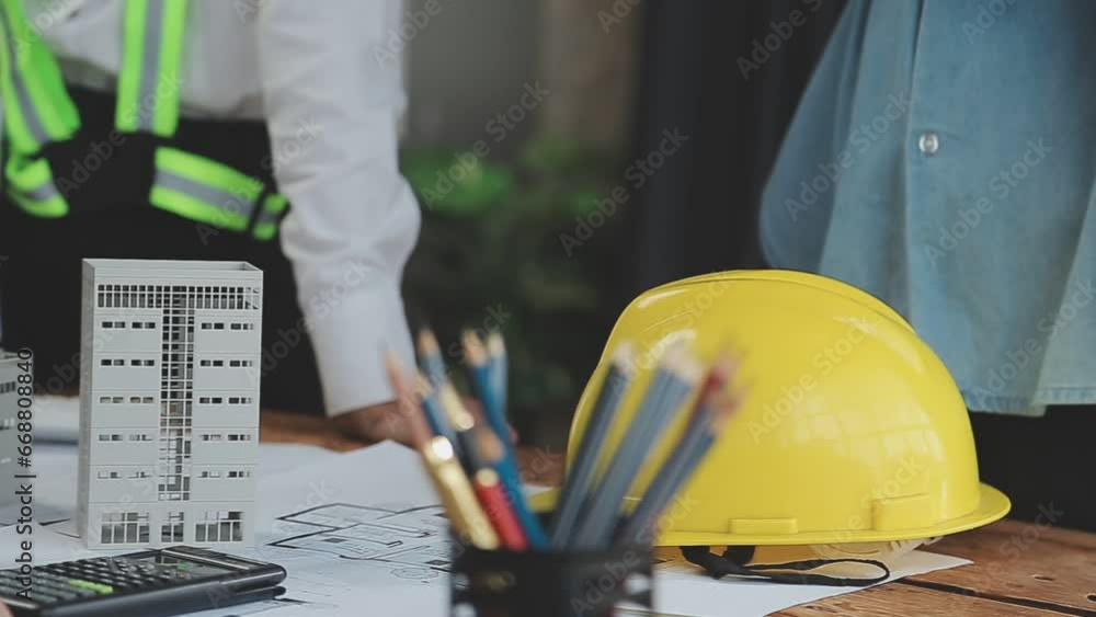 Architectural engineer team meeting Use of blueprints, construction drawings and calculations for architectural projects and engineering tools in the workplace technical structure concept.