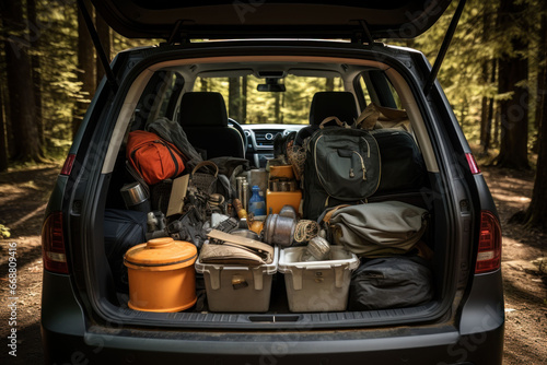 Open car trunk with suitcases and things, outdoor recreation, camping, travel concept © serz72