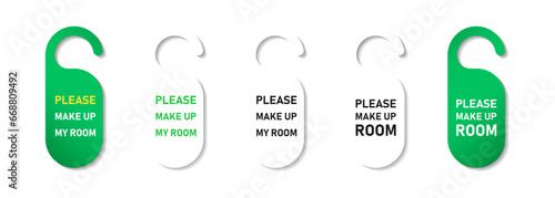 Please, make up my room, door hanger in realistic style with shadows, hotel service, rest, simple flat style vector illustration.