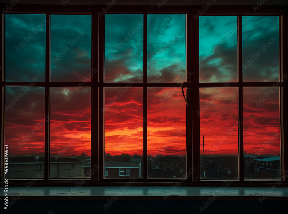View from a window at sunset overlooking a city View from a window at sunset overlooking a city