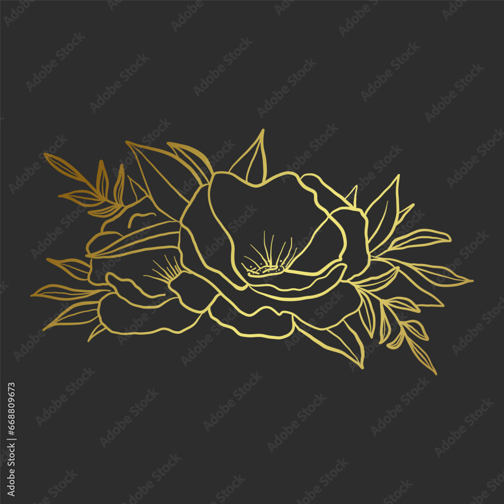 Obraz premium Beautiful golden peony flowers, vector illustration card.