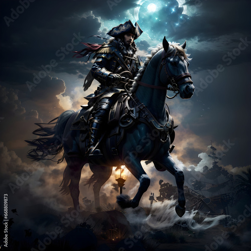 A mysterious rider on a ghostly horse