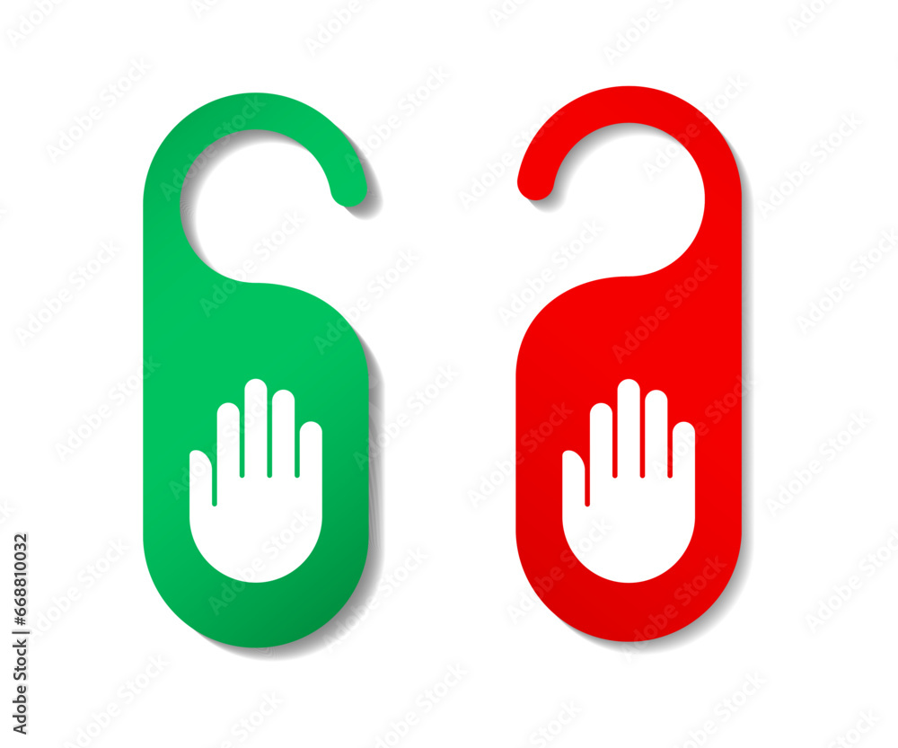 Do not disturb and welcome, come in, door hanger with hand red and green colors in realistic style with shadows, hotel service, rest, simple flat style vector illustration. Do not disturb and welcome, come in, door hanger with hand red and green colors in realistic style with shadows, hotel service, rest, simple flat style vector illustration.