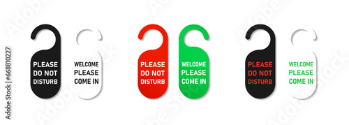 Set of please, do not disturb, come in door hanger colored in realistic style with shadows, hotel service, flat style vector illustration.