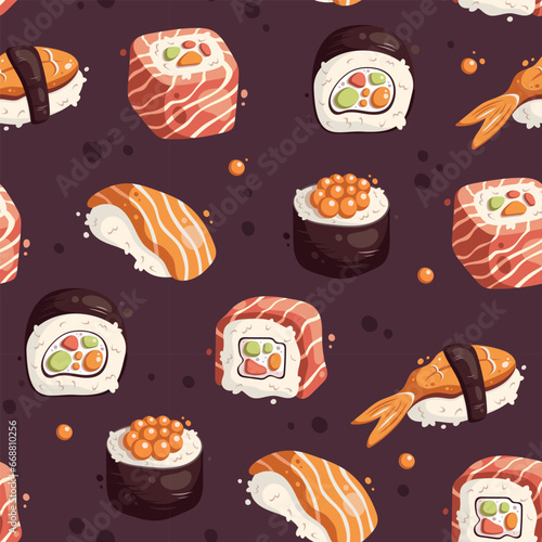 Seamless pattern of sushi rolls. Japanese food bakcground