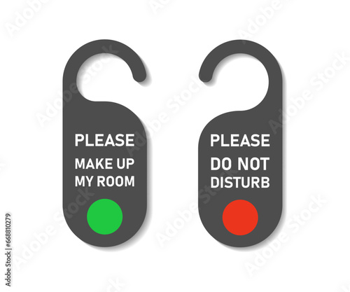 Do not disturb and please, make up my room, door hanger red and green colors in realistic style with shadows in black style, hotel service, rest, simple flat style vector illustration.
