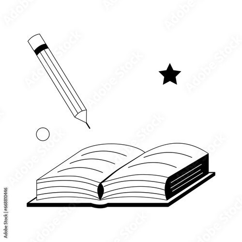 Isolated doodle pencil and book black and white. Outline vector Icon school supplies.
