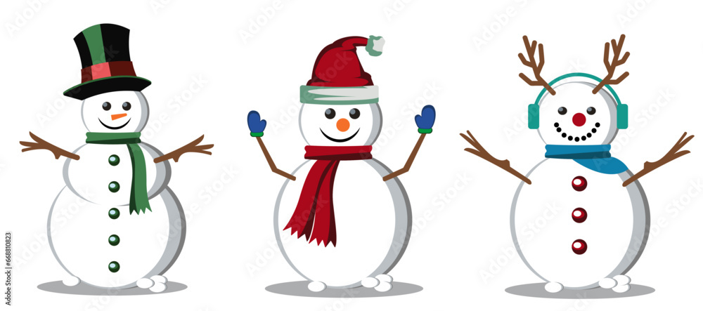 set of different snowmen in different positions