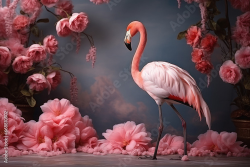 Pink flamingo on the background of the wall with exotic beautiful flowers  bright tropical concept