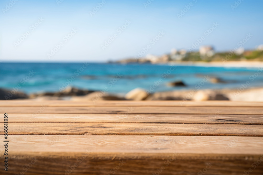 Wooden boards in the foreground close-up, empty table, against a blurred sea background, mocap for product presentation Wooden boards in the foreground close-up, empty table, against a blurred sea background, mocap for product presentation