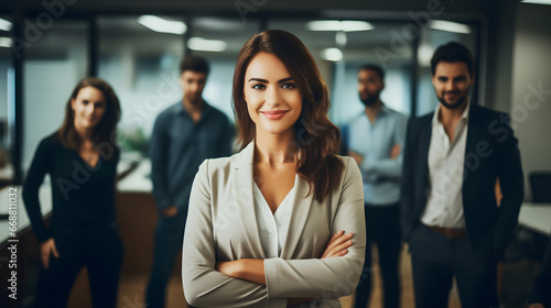 Attractive young confident businesswoman in glasses looking at camera while standing in a coworking space