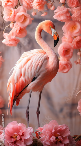 Pink flamingo on the background of the wall with exotic beautiful flowers  bright tropical concept