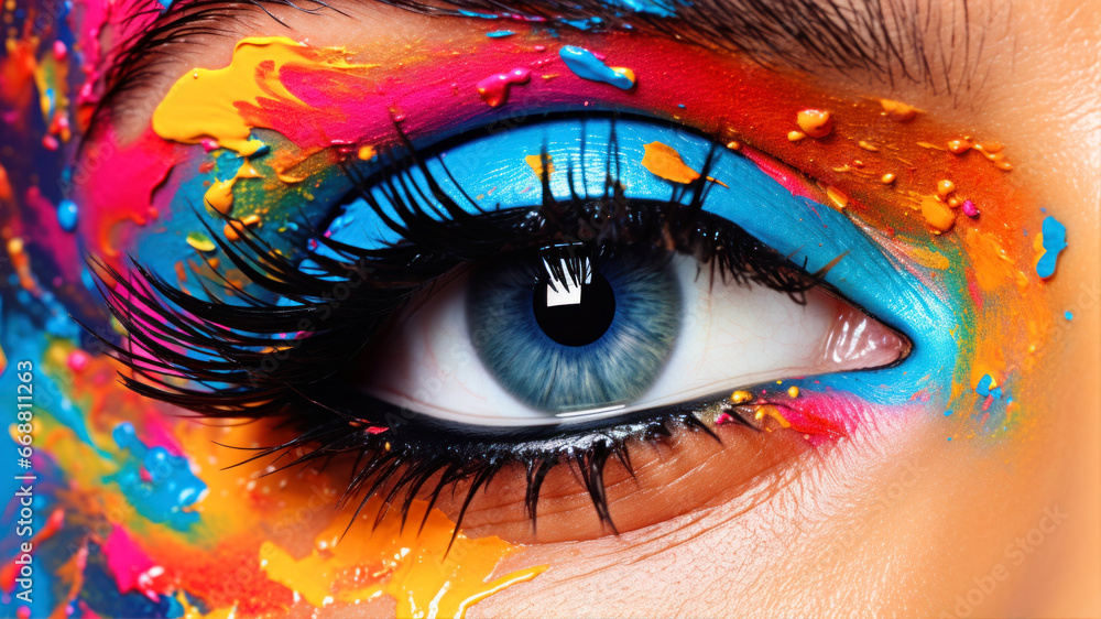 Close-up shot of beautiful female eye with multicolored makeup.