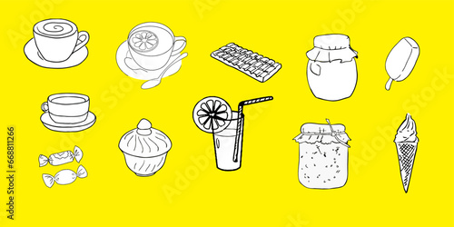 Coffee, chocolate, ice cream, lemonade, sweets. Vector graphics, eps