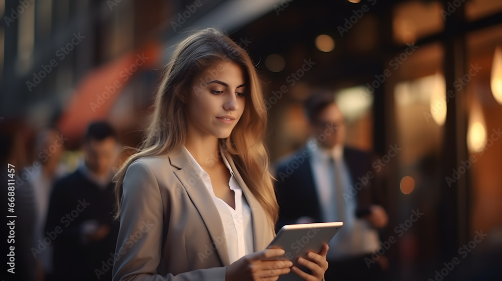 Happy attractive young businesswoman working on a tablet on modern city street at night Happy attractive young businesswoman working on a tablet on modern city street at night