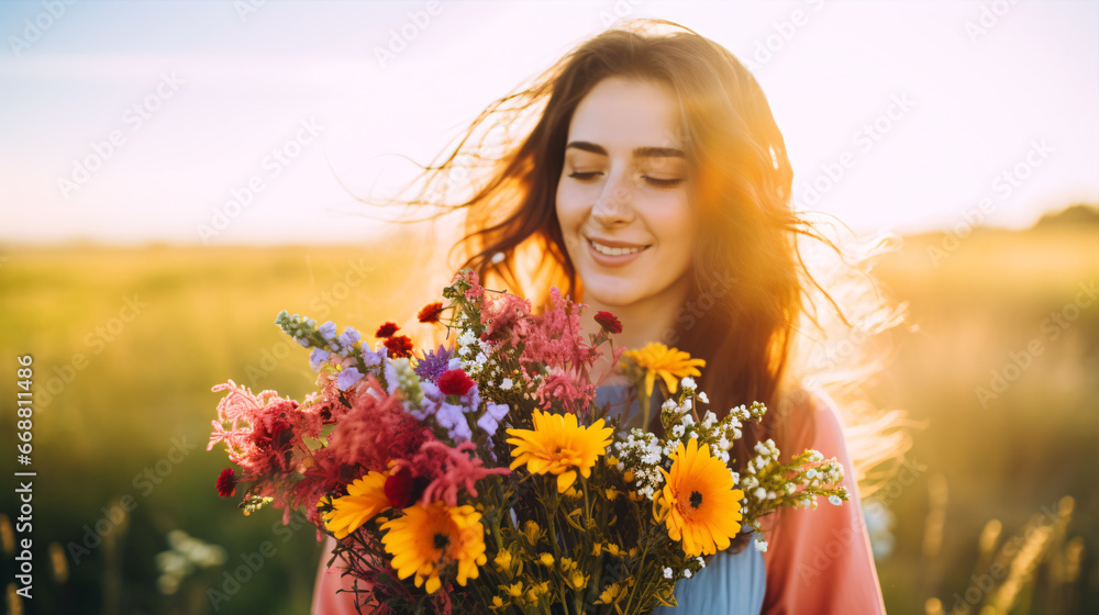 A close-up of a joyous young woman clasping an array of vivid wildflowers in a sunny meadow. A close-up of a joyous young woman clasping an array of vivid wildflowers in a sunny meadow.