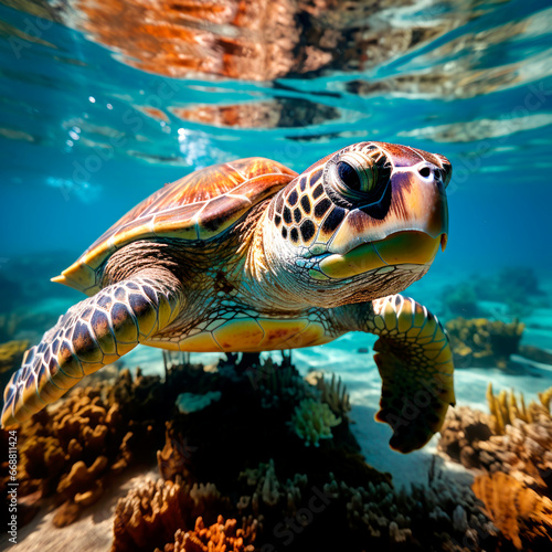 Sea turtles swims underwater. Underwater sea turtles. Sea turtles underwater scene. Sea turtle underwater closeup. AI Generated