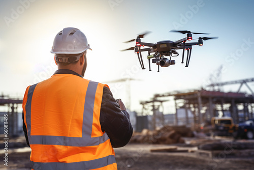 Engineer flies a drone over a construction site. Operator inspecting construction building site flying with drone. Using drone for building site survey in civil engineering project. Generative AI