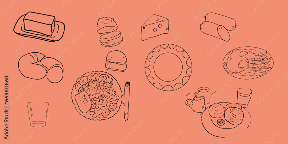 Sausage, cheese, plate, bowl. Vector graphics, eps