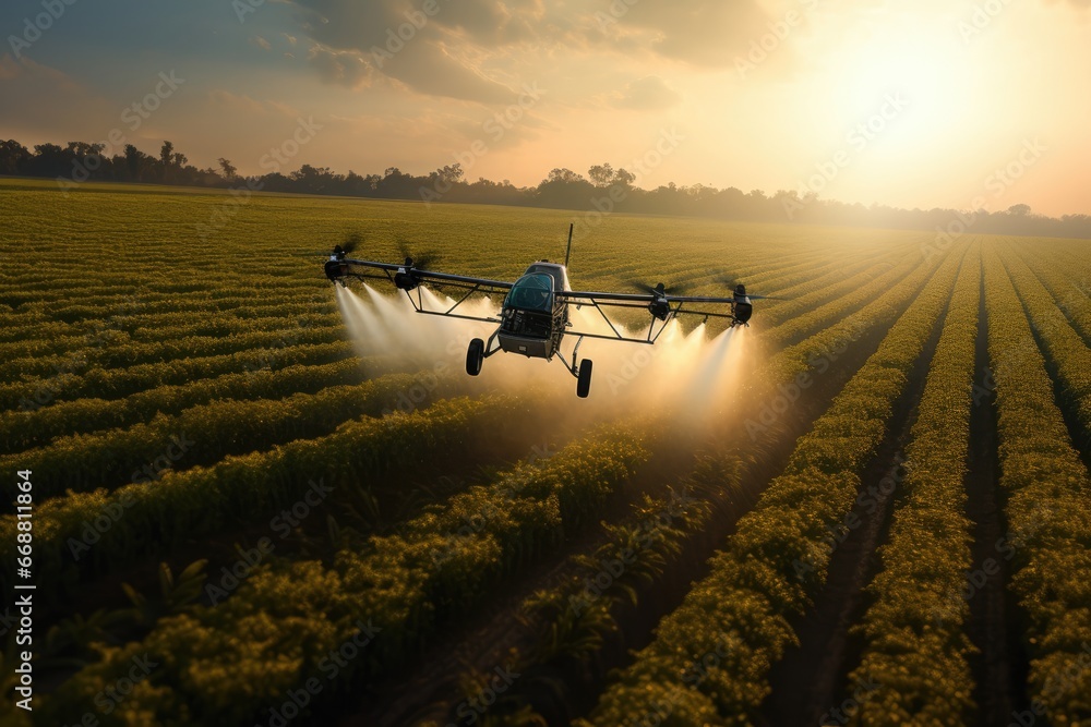 Obraz premium Aerial View Of Sunset Spraying On Soybean Plantation From Drone