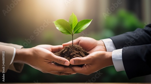 Symbolizing agriculture and cooperation, two business hands clasping verdant plants represent a green business entity. photo
