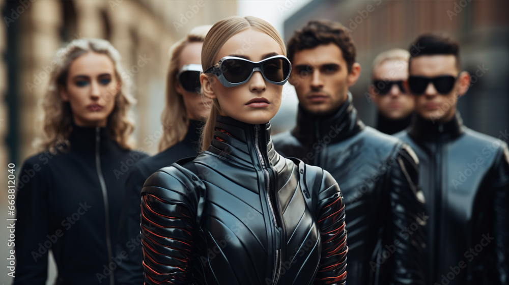 A dynamic picture featuring a crowd of trendsetters in futuristic attire, emphasizing upcoming fashion trends. A dynamic picture featuring a crowd of trendsetters in futuristic attire, emphasizing upcoming fashion trends.