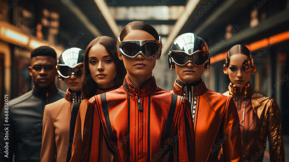 A futuristic fashion display featuring stylishly clad people.