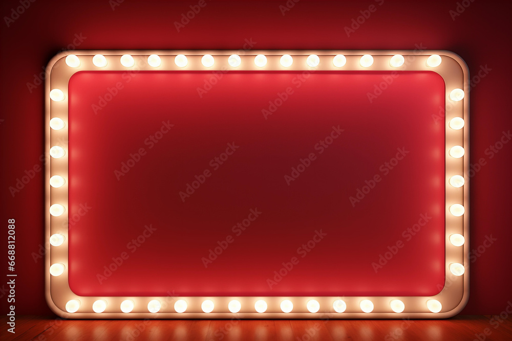 vintage retro blank lit sign with lightbulbs frame on red background for Black Friday or Christmas sale