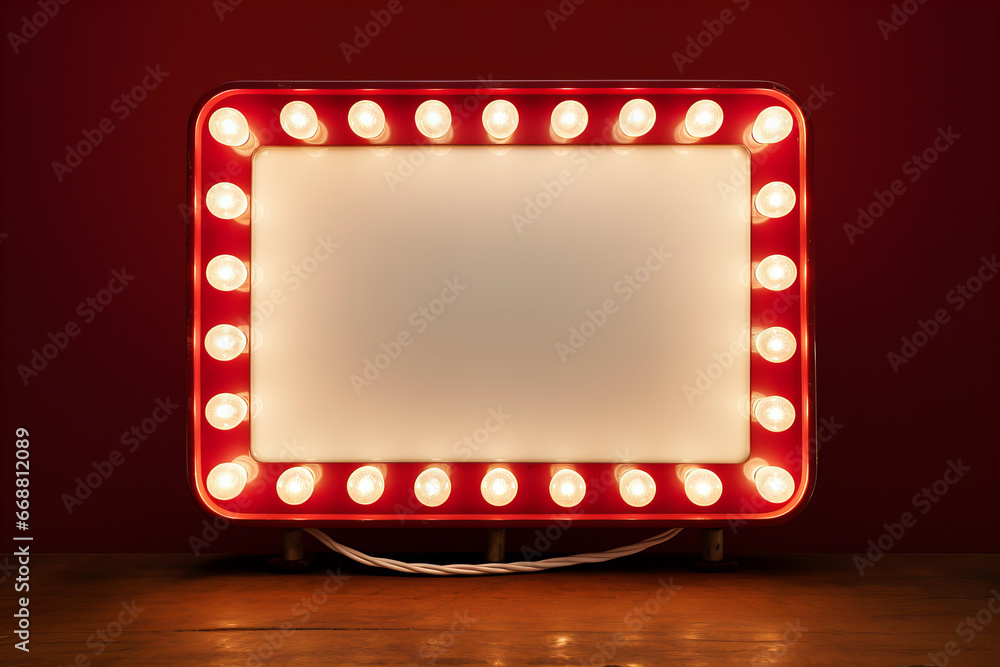 vintage retro blank lit sign with lightbulbs frame on red background for Black Friday or Christmas sale